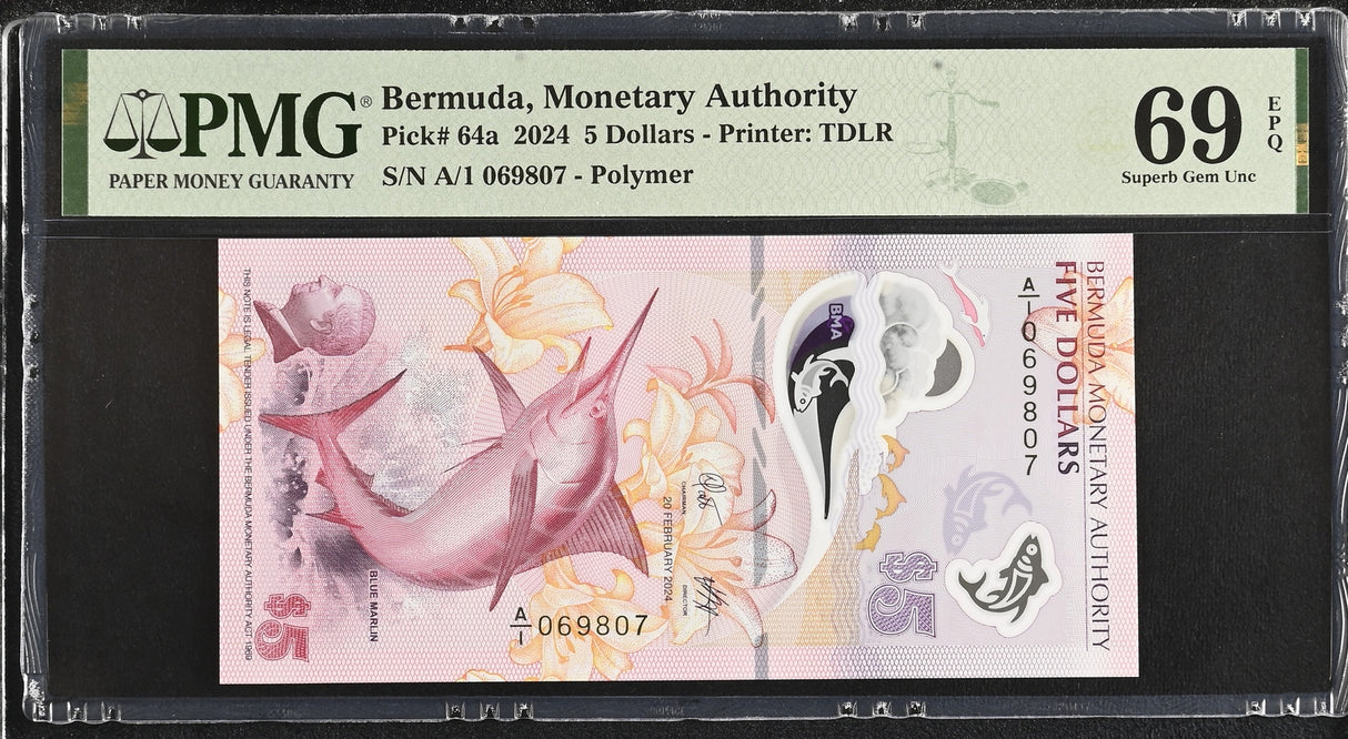 Bermuda 5 Dollars 2024 P 64 a Superb Gem UNC PMG 69 EPQ TOP POP