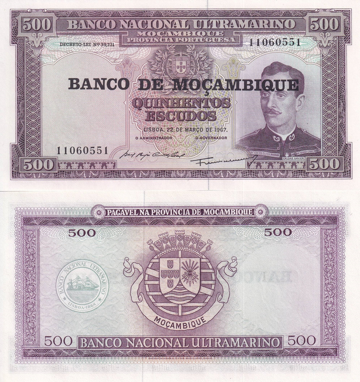 Mozambique 500 Escudos 1967 (1976) P 118 UNC , Caldas Xavier