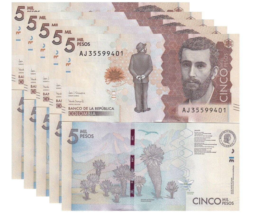 Colombia 5000 Pesos 2020 New Sign P 459 UNC LOT 5 PCS