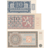 SET 3 Czechoslovakia 20-1000 1953 CNB Official Reprint P 72A 76 77 UNC W/Folder