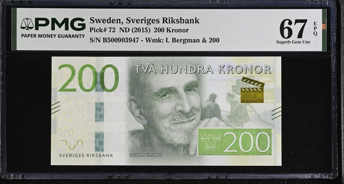 Sweden 200 Kronor ND 2015 P 72 Superb Gem UNC PMG 67 EPQ ,WTM I. Bergman