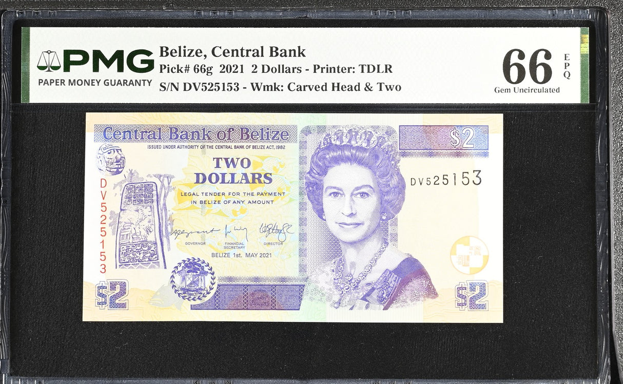 Belize 2 Dollars 2021 P 66 g Gem UNC PMG 66 EPQ