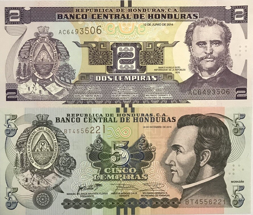 Honduras Set 2 Pcs 2 5 Lempiras Random Year P 97 98 UNC
