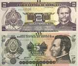 Honduras Set 2 Pcs 2 5 Lempiras Random Year P 97 98 UNC