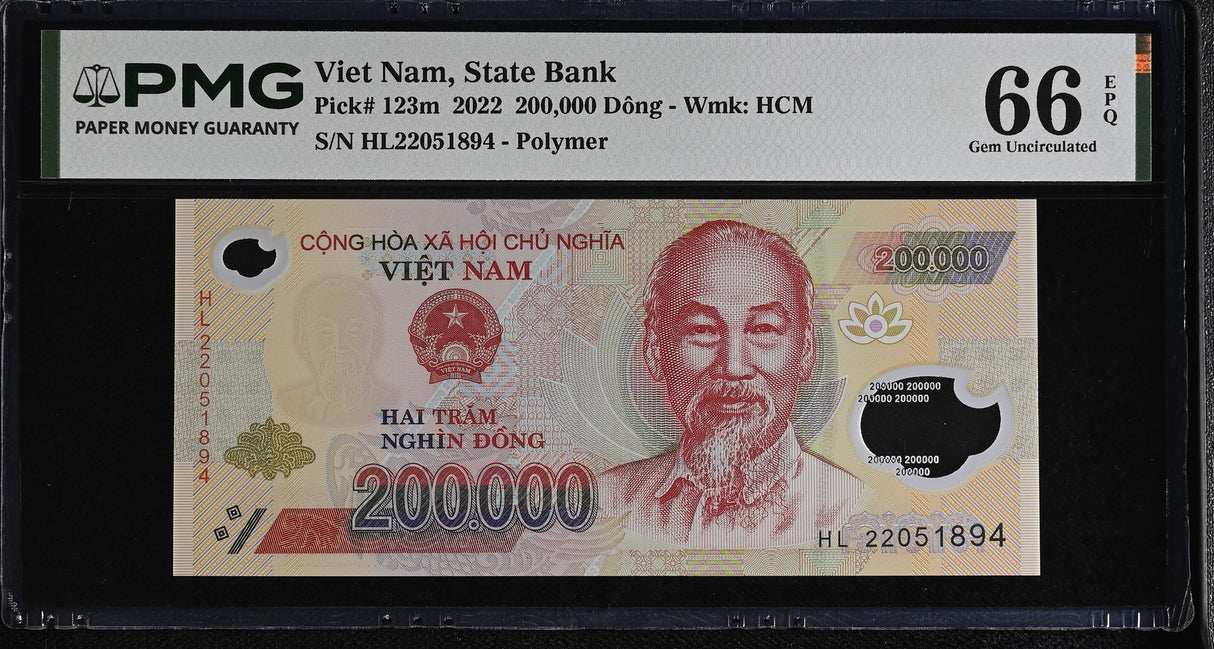 Vietnam 200000 Dong 2022 P 123 m Gem UNC PMG 66 EPQ , Graded Note