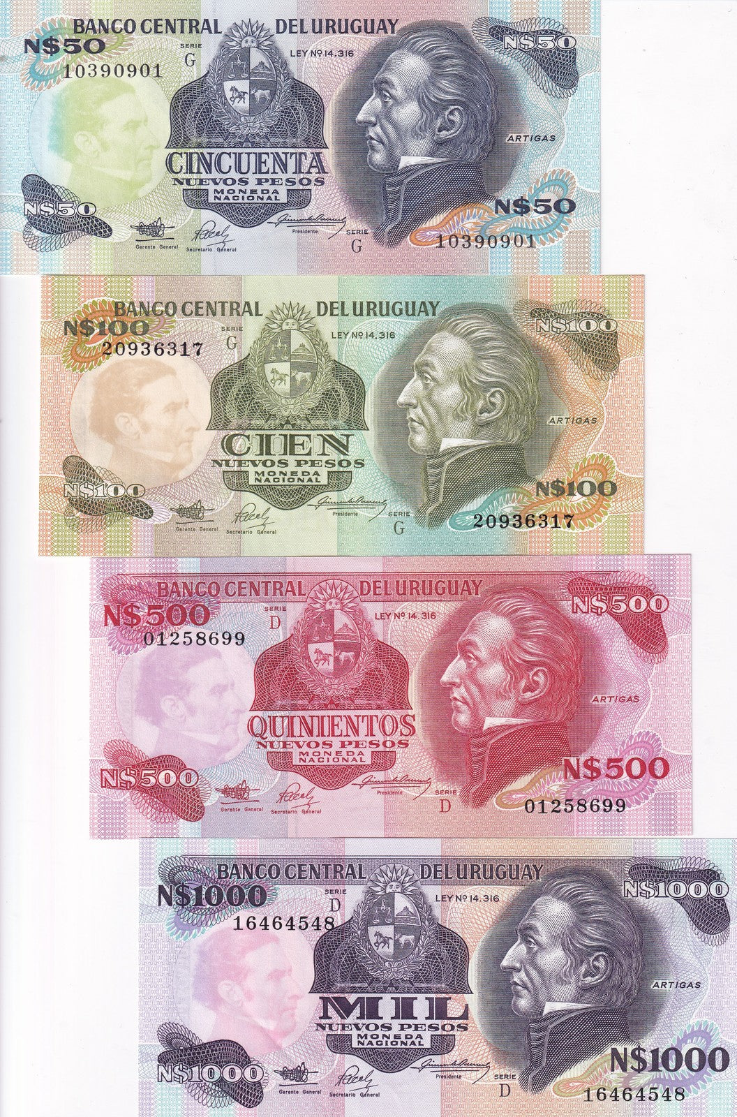 Uruguay Set 4 UNC 50 100 500 1000 Pesos Random Year P 61A 62A 63A 64A