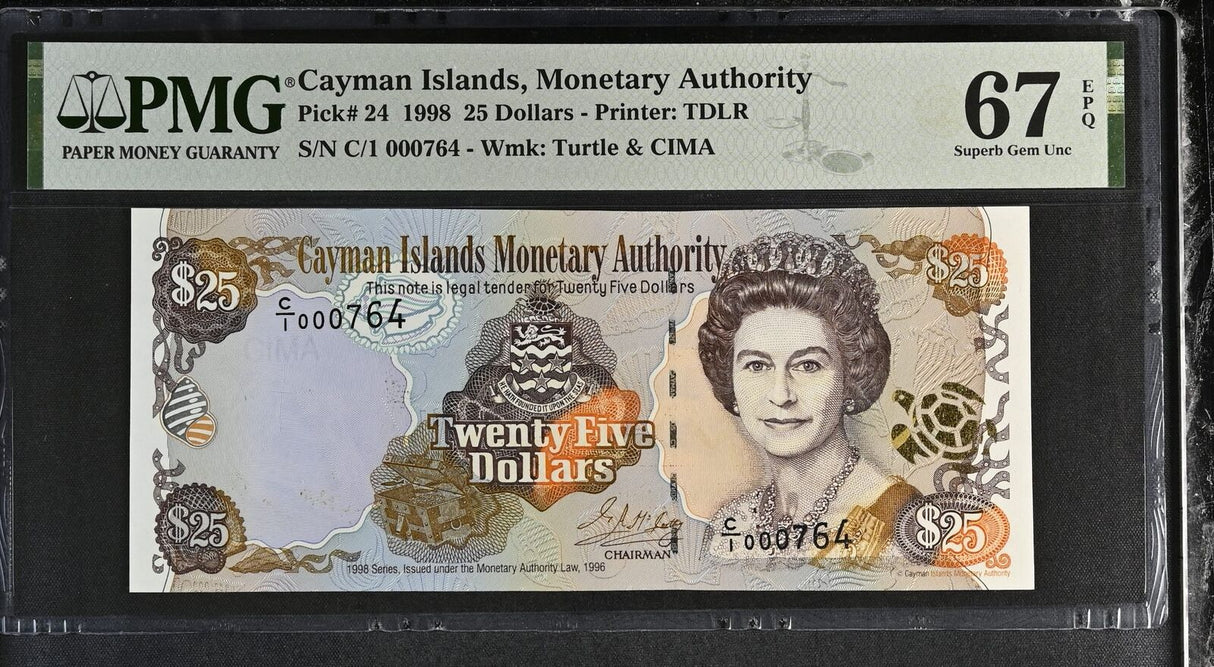 Cayman Islands 25 Dollars 1998 P 24 Low # 764 Superb Gem UNC PMG 67 EPQ