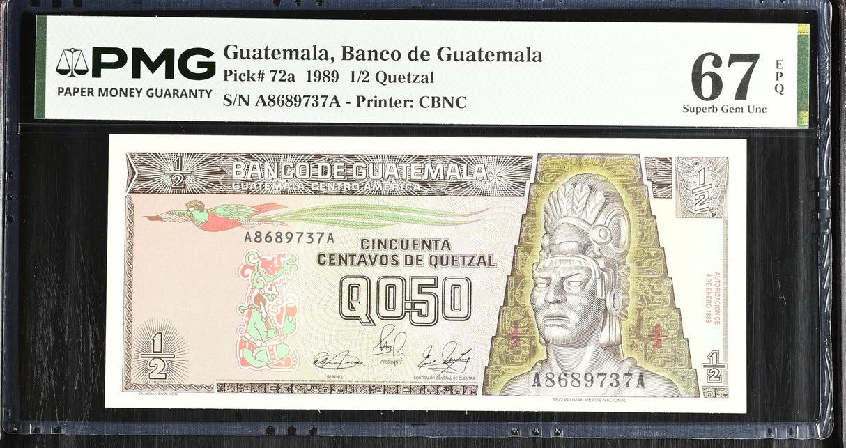 Guatemala 1/2 Half Quetzal 50 centavos 1989 P 72 a Superb Gem UNC PMG 67 EPQ