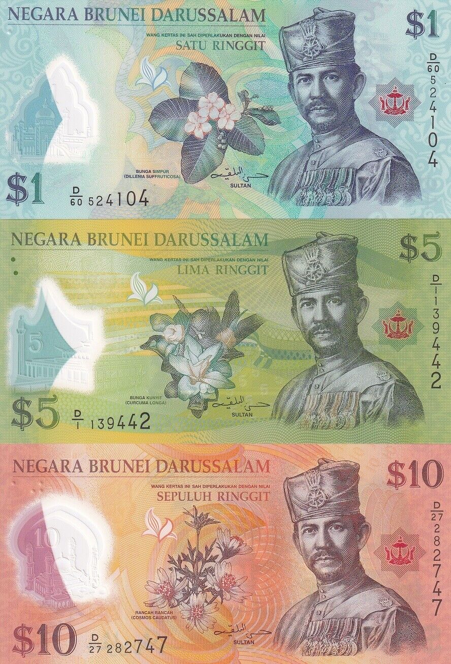 Brunei Set 3 Pcs 1 5 10 Ringgit 2011-2019 P 37 Polymer UNC
