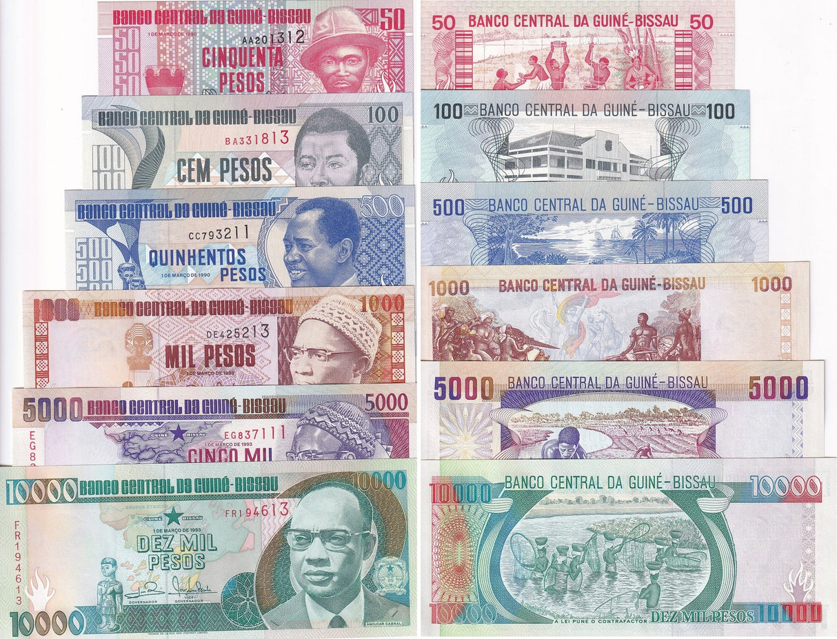 Guinea Bissau Set 6 UNC 50 100 500 1000 5000 10000 Pesos 1978-1990 P 10 11 - 15
