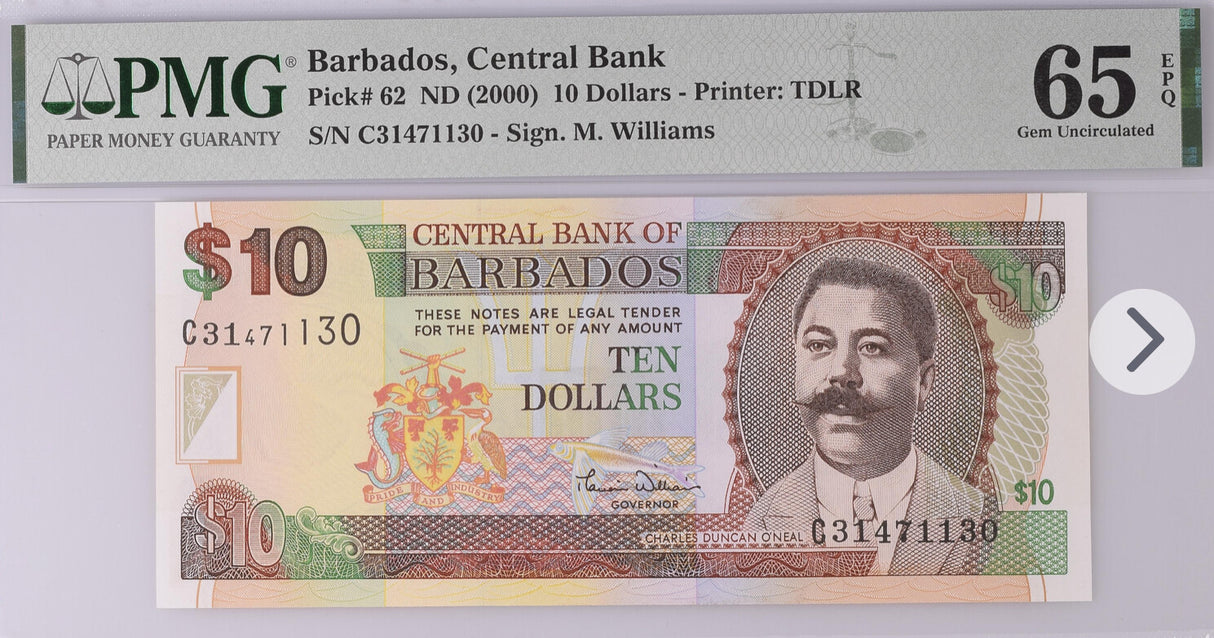 Barbados 10 Dollars ND 2000 P 62 Gem UNC PMG 65 EPQ