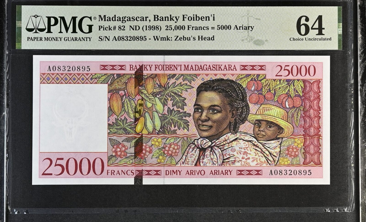Madagascar 25000 Francs 5000 Ariary ND 1998 P 82 Choice UNC PMG 64