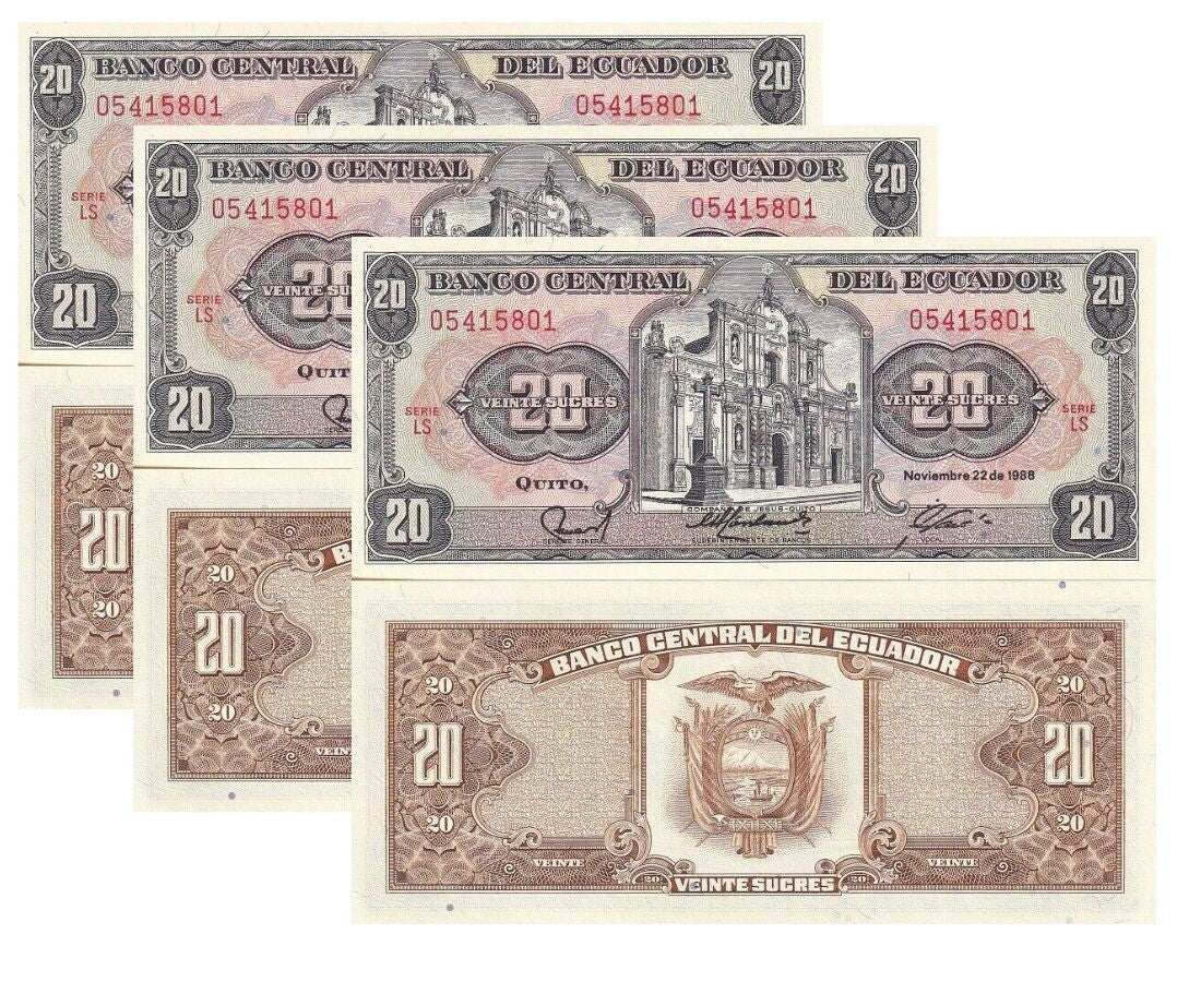 Ecuador 20 Sucres 1988 P 121Aa UNC LOT 3 PCS