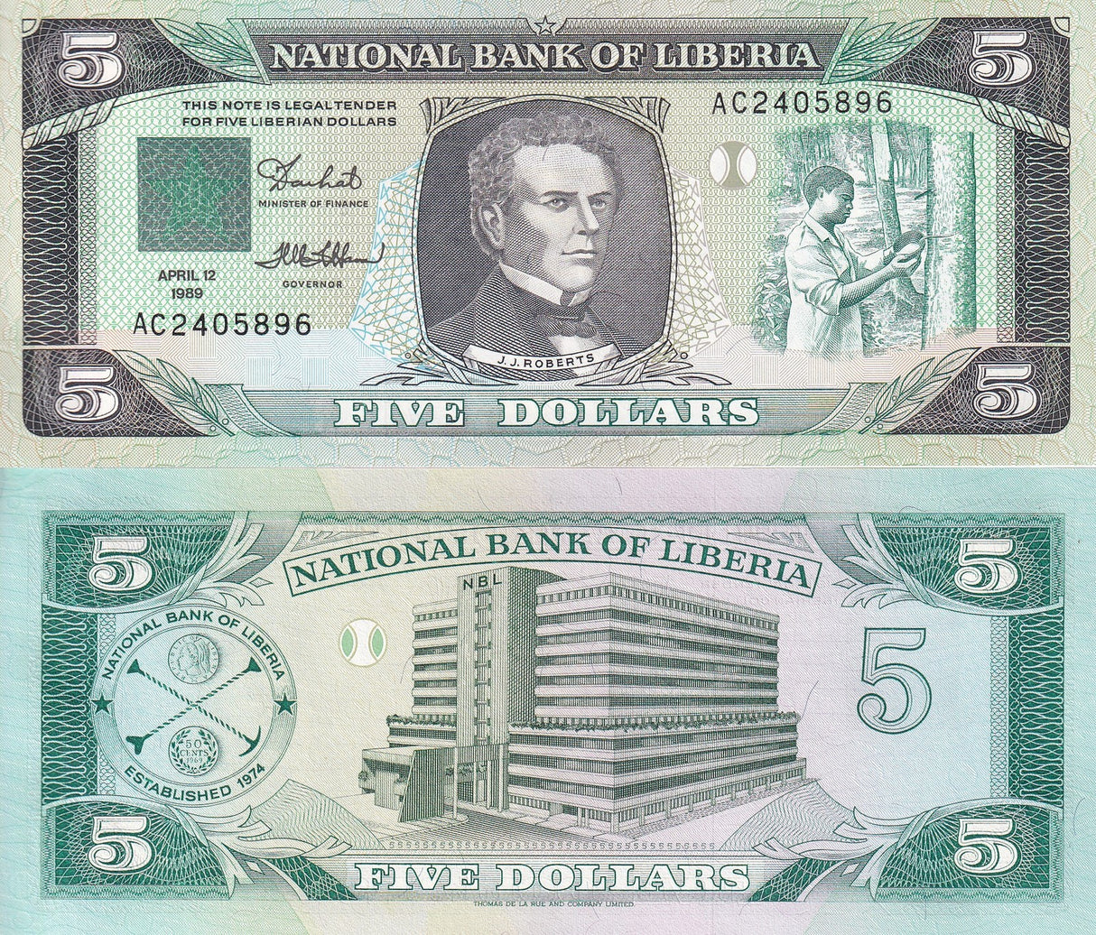 Liberia 5 Dollars 1989 P 19 UNC
