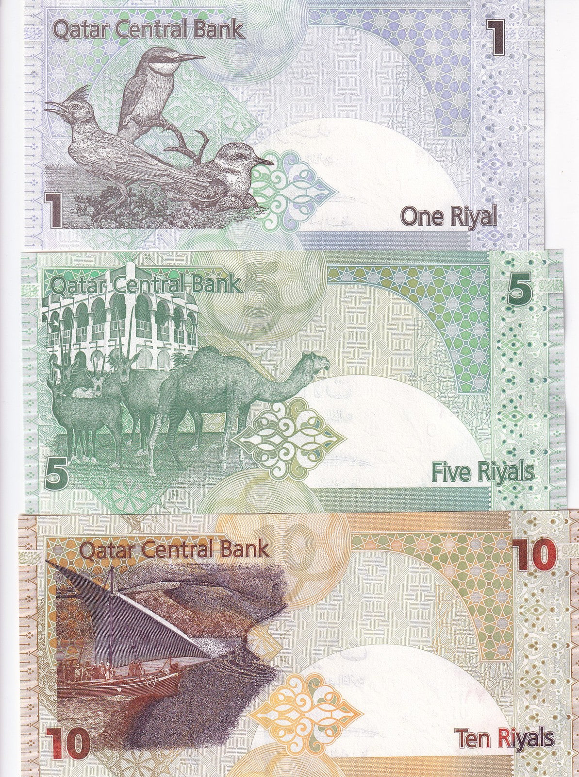 Qatar Set 3 UNC 1 5 10 Riyal ND 2008 (2015) P 28 29 30 Birds antelopes camel