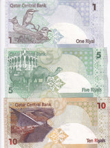 Qatar Set 3 UNC 1 5 10 Riyal ND 2008 (2015) P 28 29 30 Birds antelopes camel