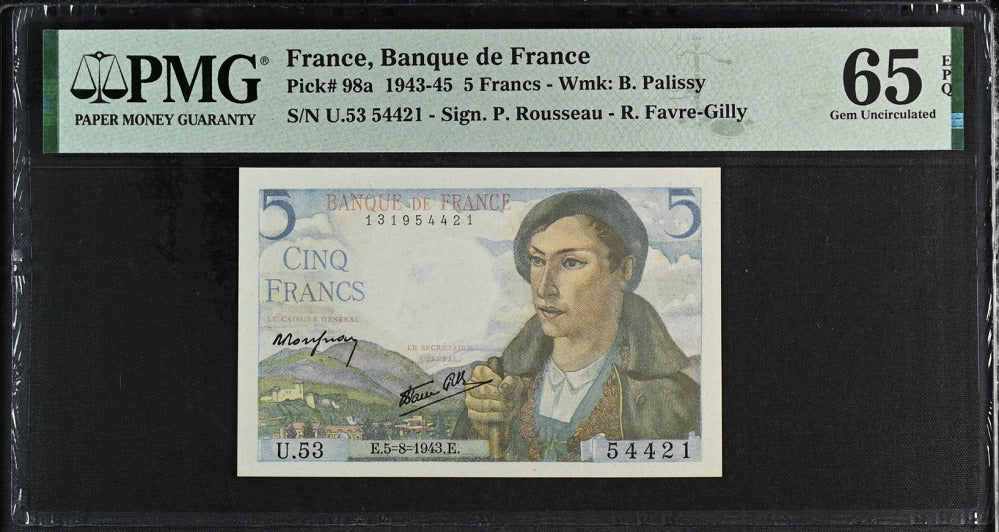 France 5 Francs 1943 P 98 a Gem UNC PMG 65 EPQ