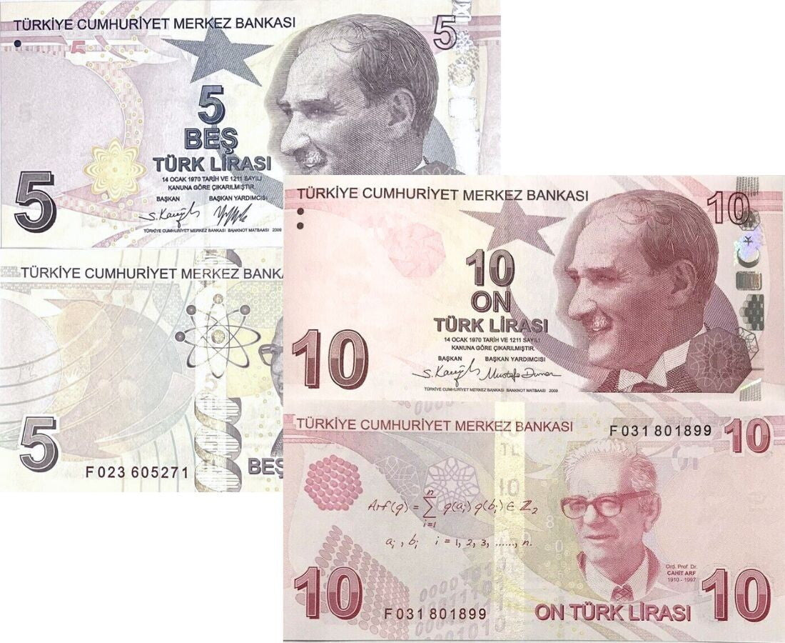 Turkey Set 2 PCS 5 10  Lira 2009/2020 P 222 P 223 Mixed Prefix UNC