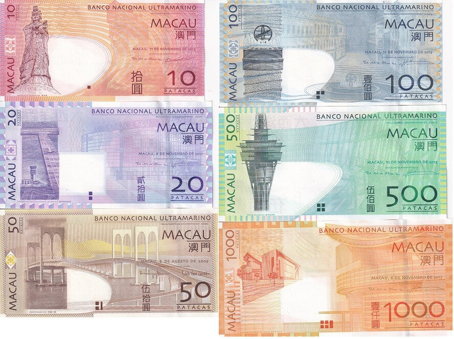 Macau Set 6 UNC 10 - 100 500 1000 Patacas 2009- 2017 P 80 81 81A 82 83 84 BNU