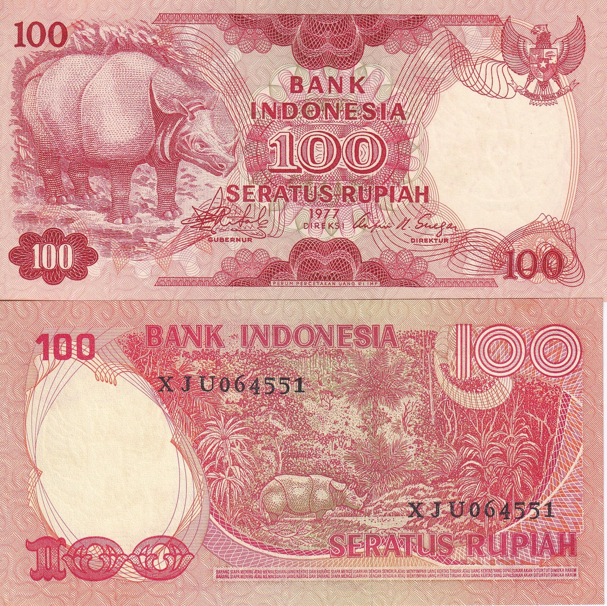 Indonesia 100 Rupiah 1977 P 116 Rhinoceros Perum. Percetakan Uang, XF