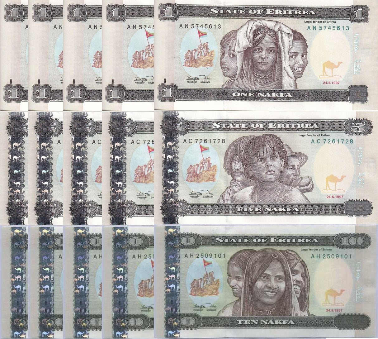 Eritrea Set 3 x Lot 5 = 15 UNC 1 5 10 Nakfa 1997 P 1 2 3 CAMEL