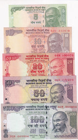 India Set 5 Pcs 5 10 20 50 100 Rupees Random Year UNC
