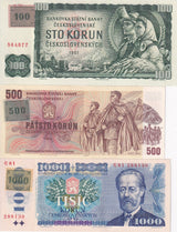 Czech Republic Set 3 UNC 100 500 1000 Korun 1961-1985 (1993) P 1 P 2 P 3 Stamp