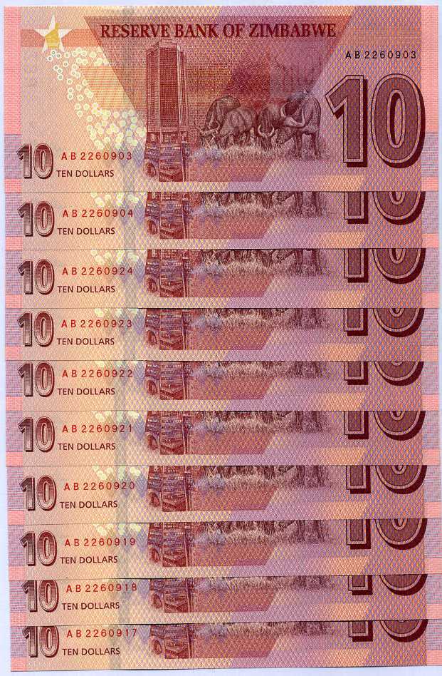 Zimbabwe 10 Dollars 2020 P 103 UNC LOT 10 PCS , Harare , Cape buffalos