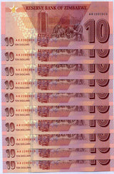Zimbabwe 10 Dollars 2020 P 103 UNC LOT 10 PCS , Harare , Cape buffalos