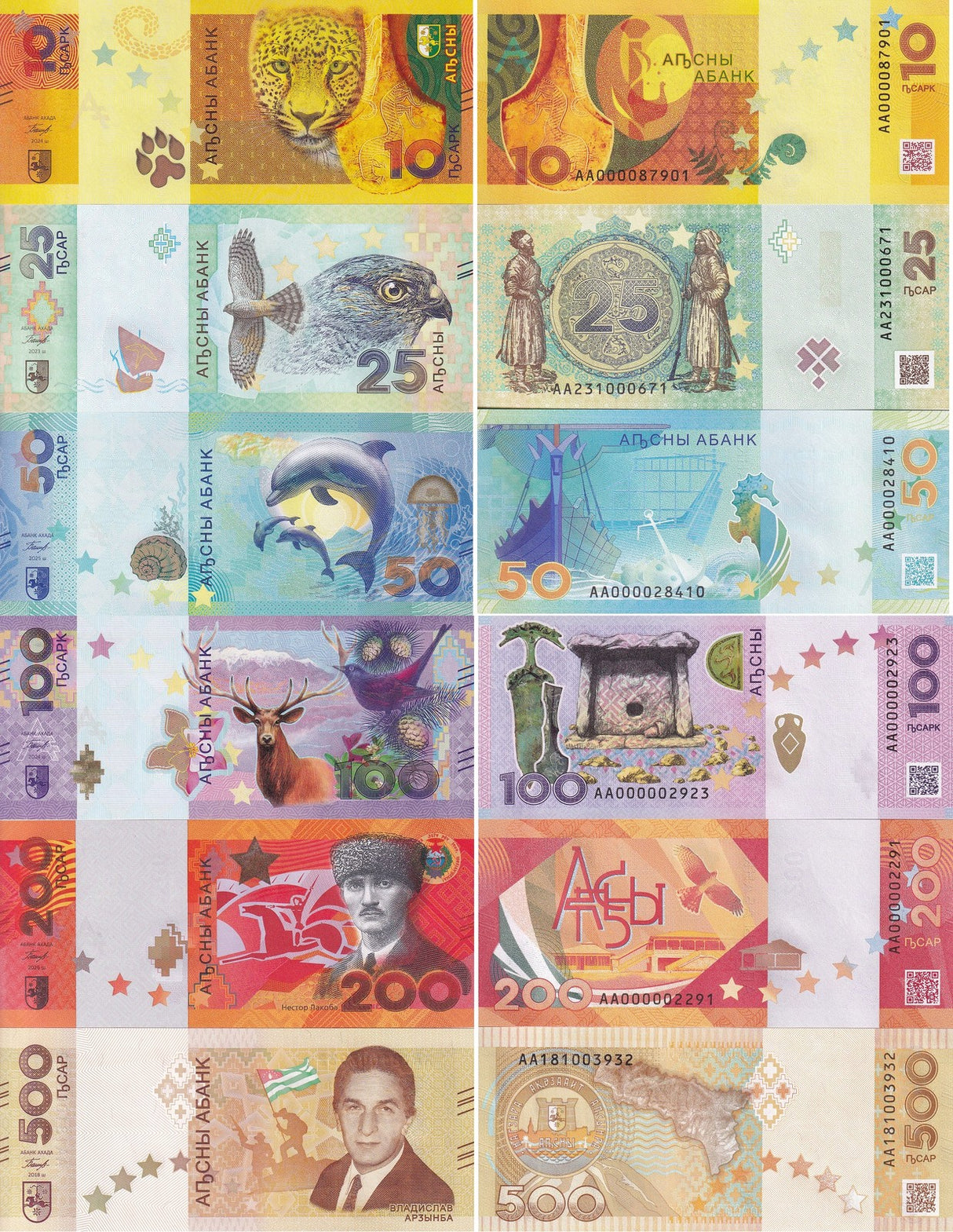 ABKHAZIA Set 6 UNC 10 25 50 100 200 500 Apsar Commemorative P 1 2 3 4 5 6