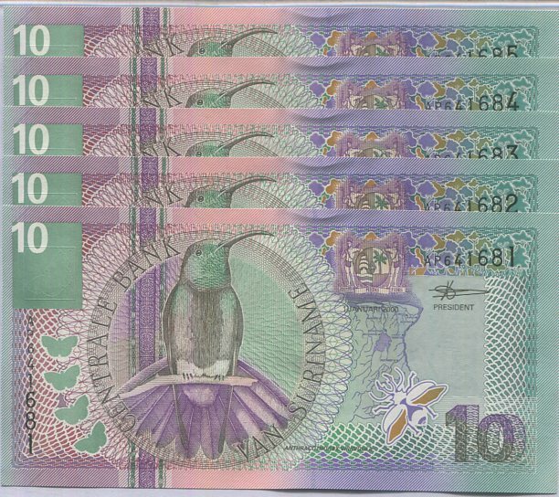 Suriname 10 Gulden 2000 P 147 Black-throated mango UNC Lot 5 PCS