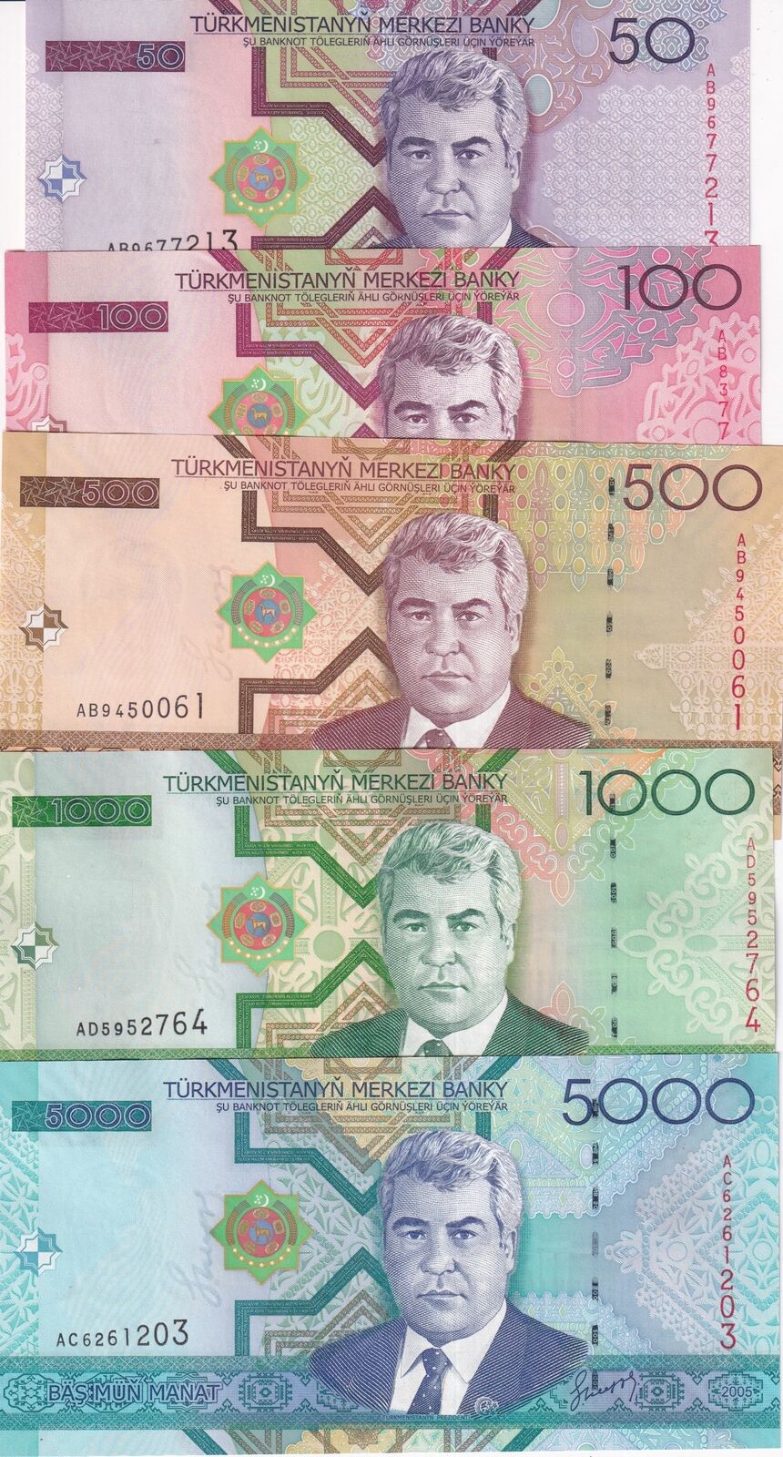 Turkmenistan Set 5 UNC 50 100 500 1000 5000 Manat 2005 UNC P 17 18 19 20 21 UNC