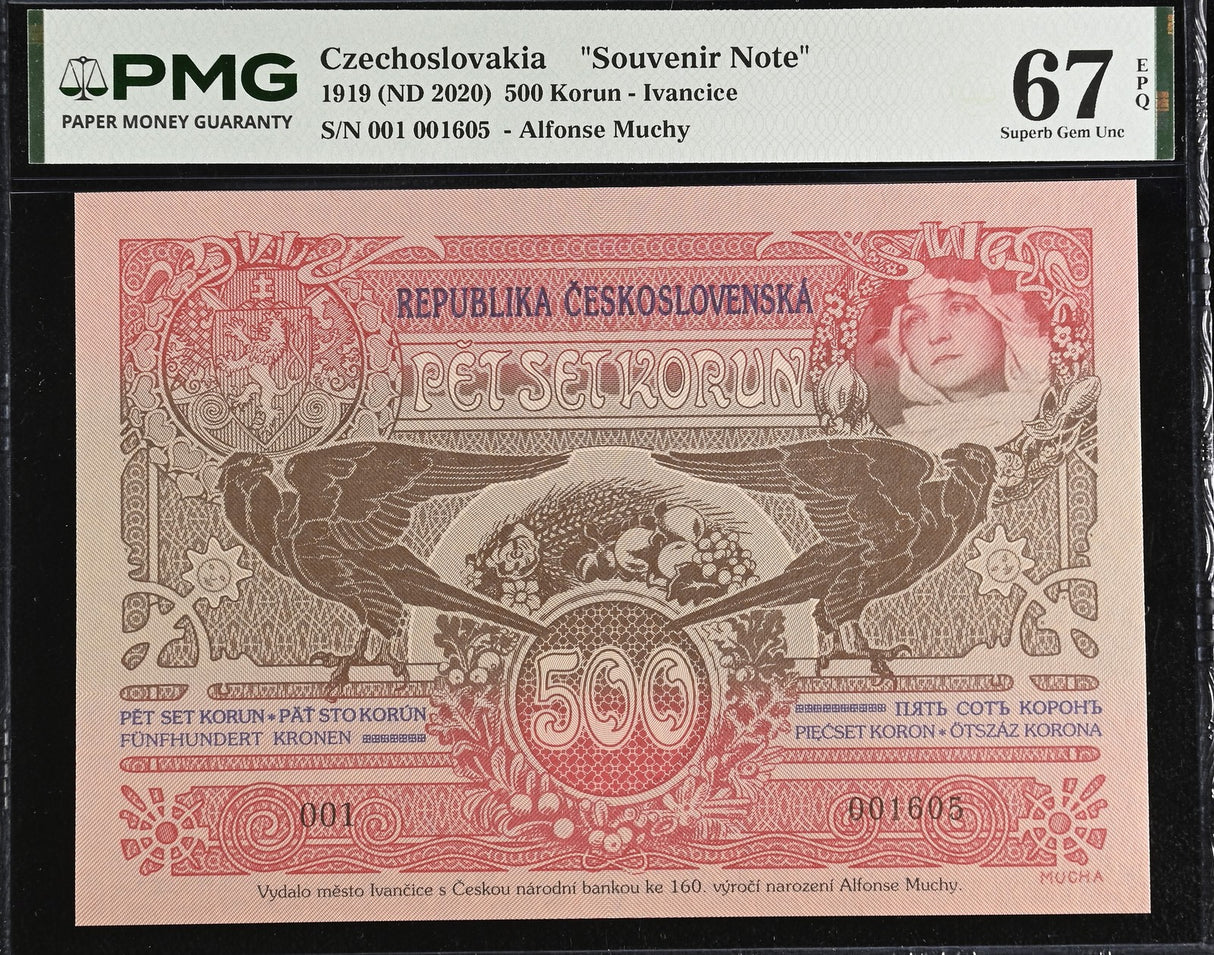 Czechoslovakia 500 Korun 1919 ND 2020 Souvenir Note Superb Gem UNC PMG 67 EPQ