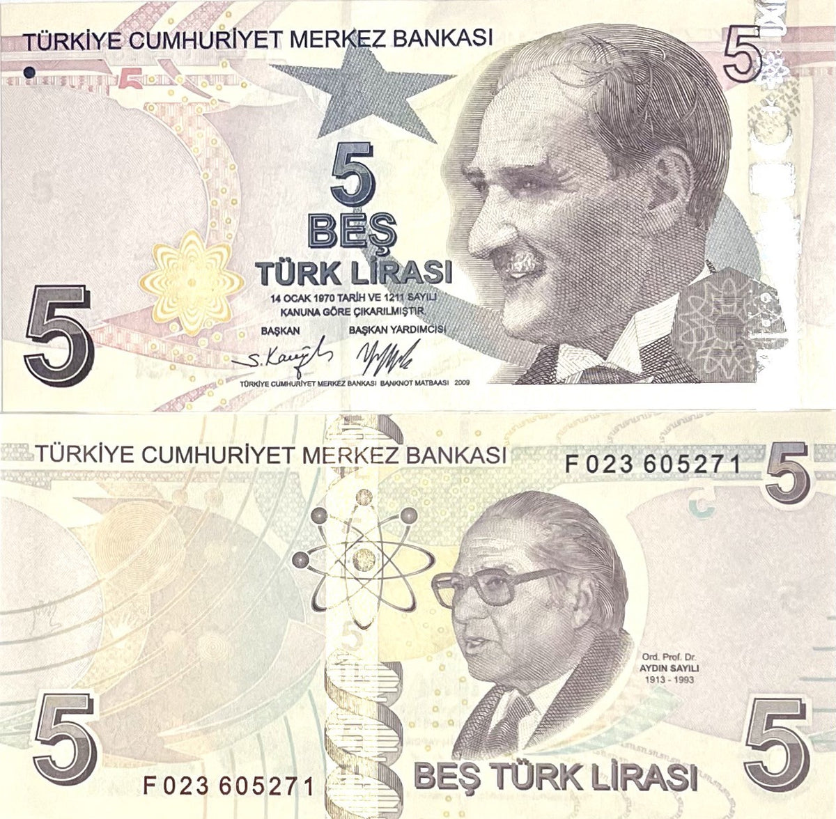 Turkey 5 Lira 2009 P 222 Mixed Prefix & Year UNC, Prof Dr. Aydın Sayılı