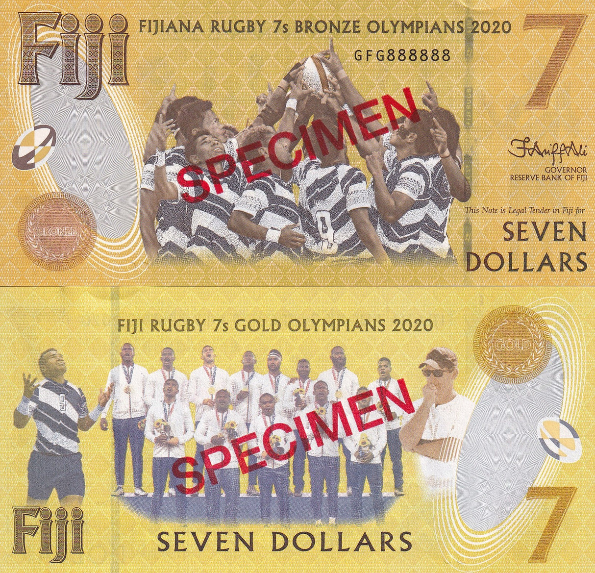 Fiji 7 Dollars 2020 / 2022 Commemorative YELLOW P 122s* Specimen UNC