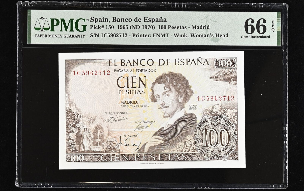 Spain 100 Pesetas 1965 ND 1970 P 150 Gem UNC PMG 66 EPQ