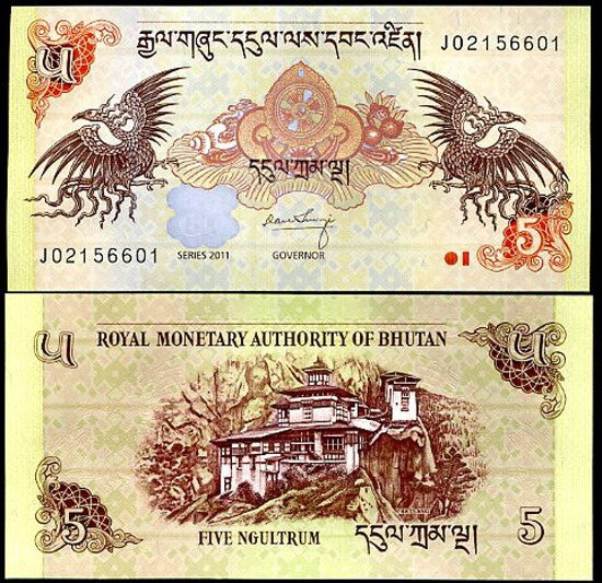 Bhutan 5 Ngultrum 2011 P 28 b UNC , Paro Taktsang , Vajrayana Himalayan, Crane