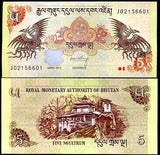 Bhutan 5 Ngultrum 2011 P 28 b UNC , Paro Taktsang , Vajrayana Himalayan, Crane