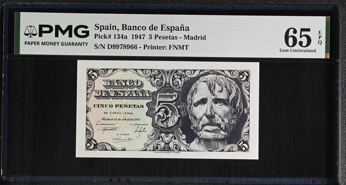 Spain 5 Pesetas 1947 P 134 a Gem UNC PMG 65 EPQ