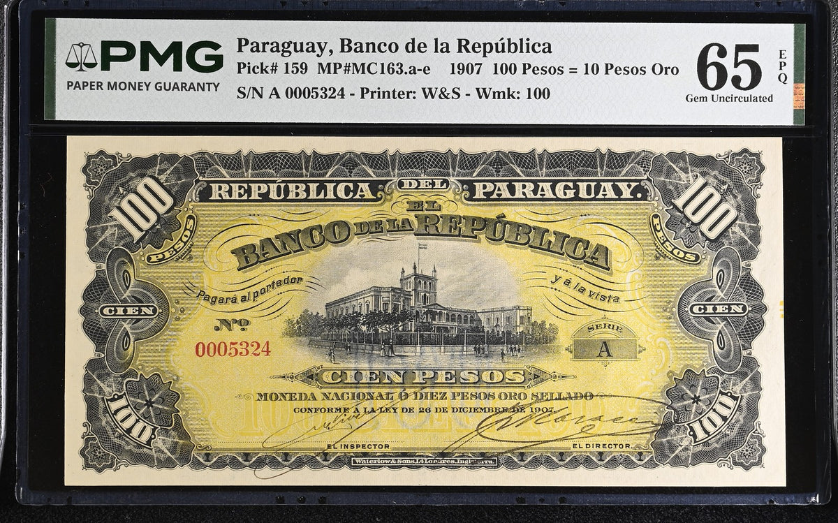Paraguay 100 Pesos = 10 Pesos Oro 1907 P 159 Gem UNC PMG 65 EPQ