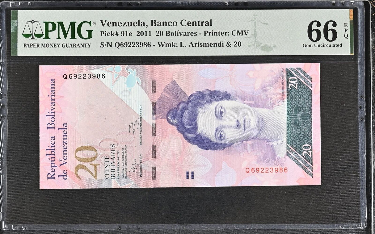 Venezuela 20 Bolivares 2011 P 91 e Gem UNC PMG 66 EPQ