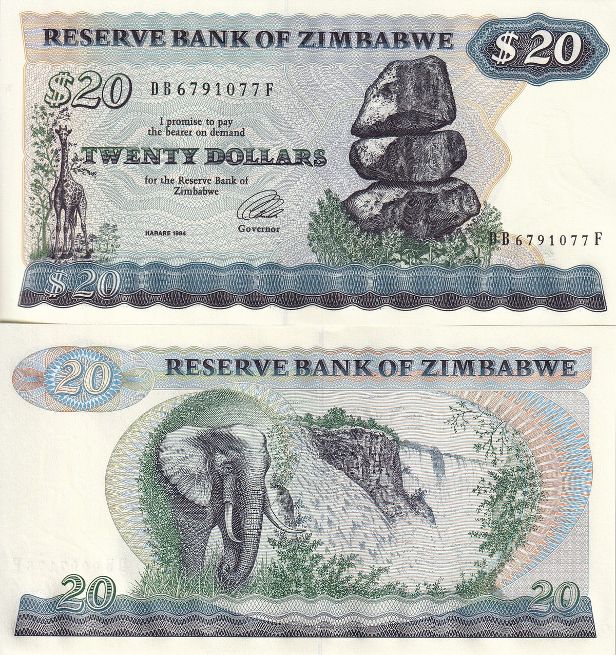 Zimbabwe 20 Dollars 1994 P 4 d UNC , Chiremba balancing rock formation