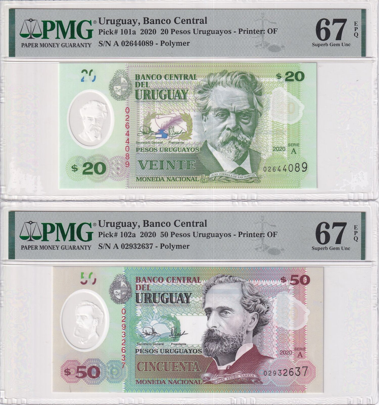 Uruguay Set 2; 20 50 Pesos 2020 P 101 P 102 Superb Gem UNC PMG 67 EPQ