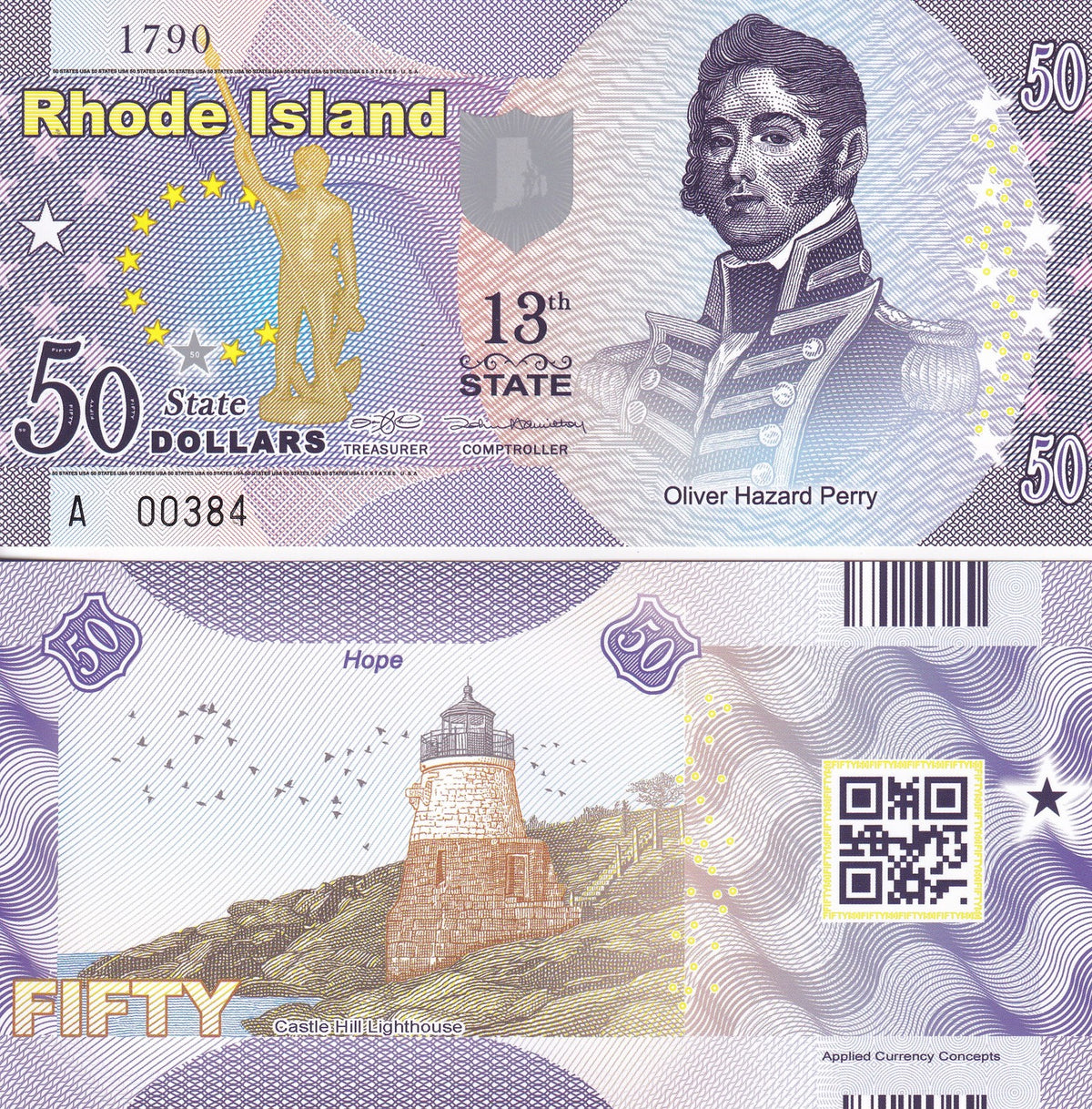 UNITED STATE USA. 50 DOLLARS 2015 POLYMER 13th STATE RHODE ISLAND Private issued