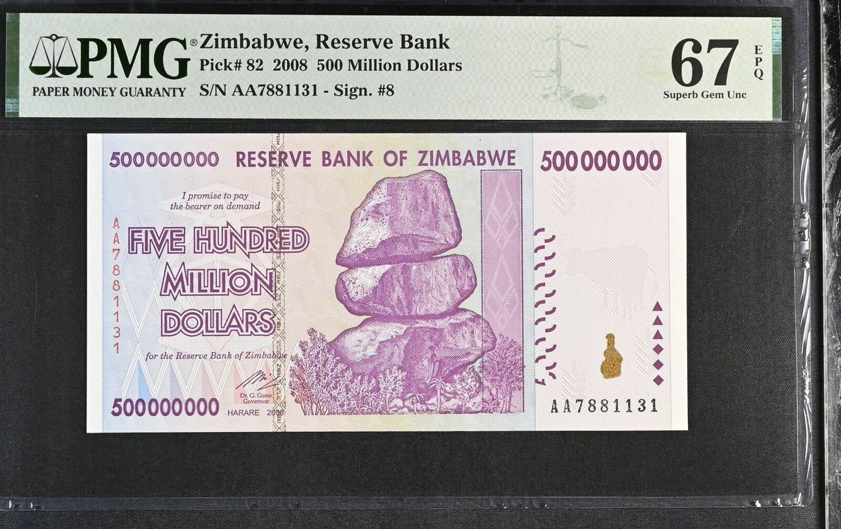 Zimbabwe 500 Million 2008 P 82 Superb Gem UNC PMG 67 EPQ