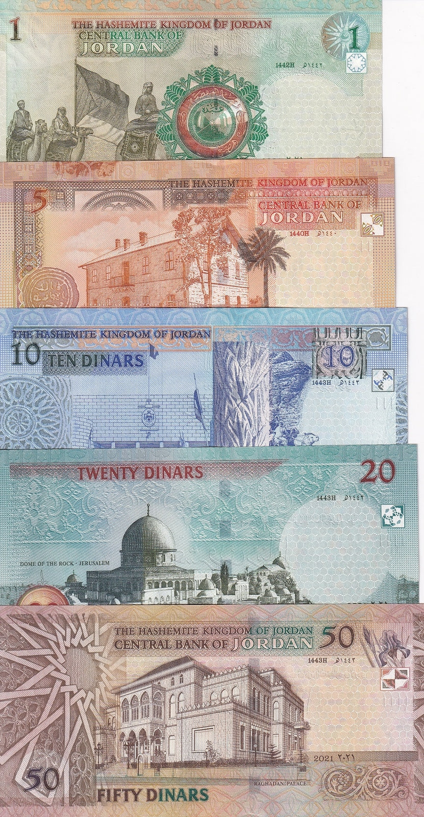 Jordan set 5 UNC 1 5 10 20 50 Dinars 2019-2021 P 34 35 36 37 38