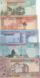 Jordan set 5 UNC 1 5 10 20 50 Dinars 2019-2021 P 34 35 36 37 38