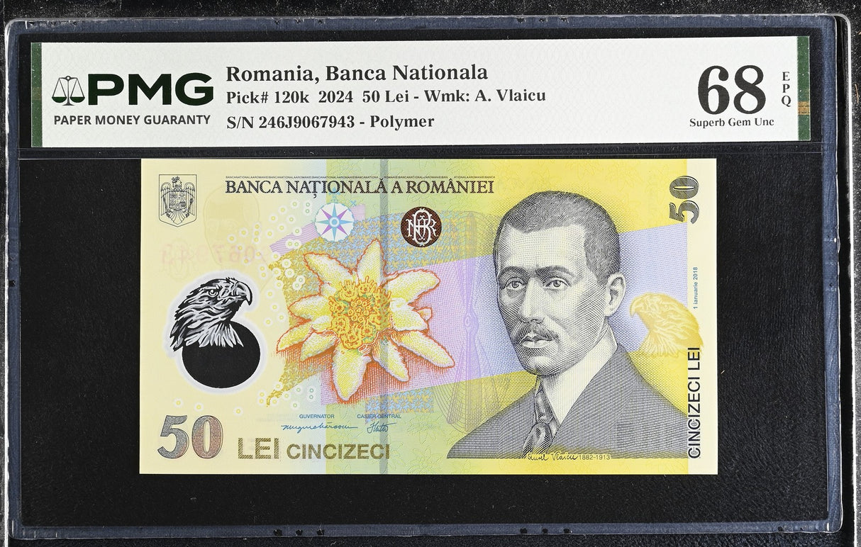 Romania 50 Lei 2024 P 120 k Polymer Superb Gem UNC PMG 68 EPQ