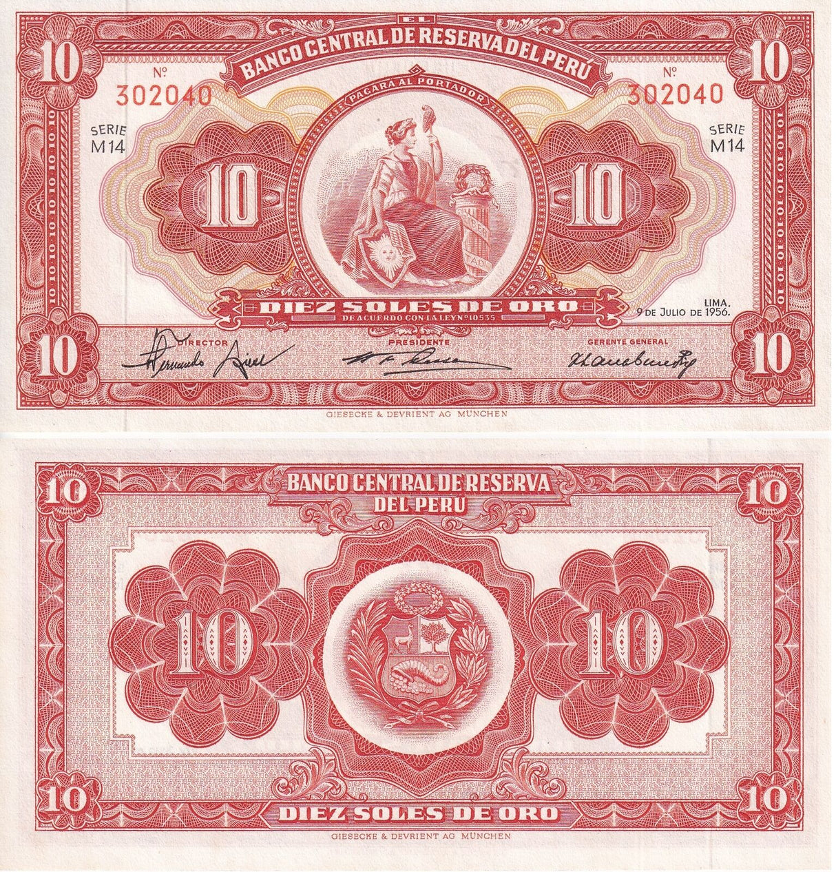 Peru 10 Soles De Oro 1956 P 77 AUnc