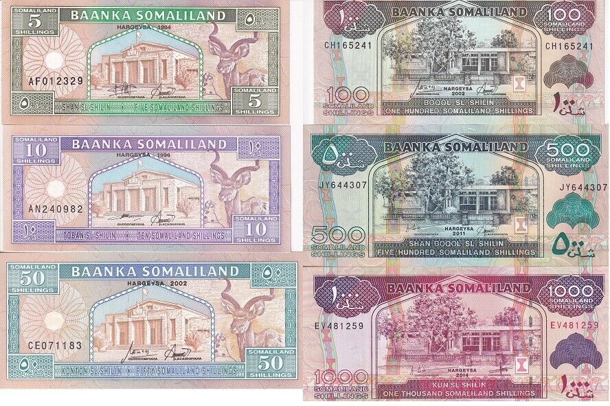 Somaliland Set 6 Pcs 5 10 50 100 500 1000 Shillings 2002-2014 P 1 2 5-20 UNC